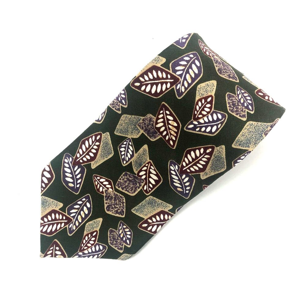 Halston 100% Italian Silk Tie Men's Designer Abstract Leaf Pattern Green Maroon